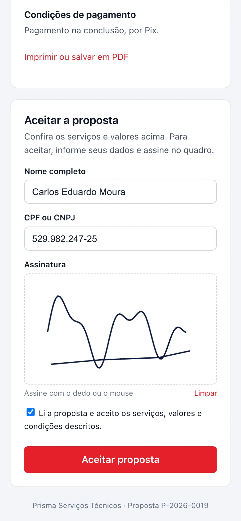 Aceite da proposta no celular: o cliente informa nome e CPF ou CNPJ e assina com o dedo no quadro de assinatura
