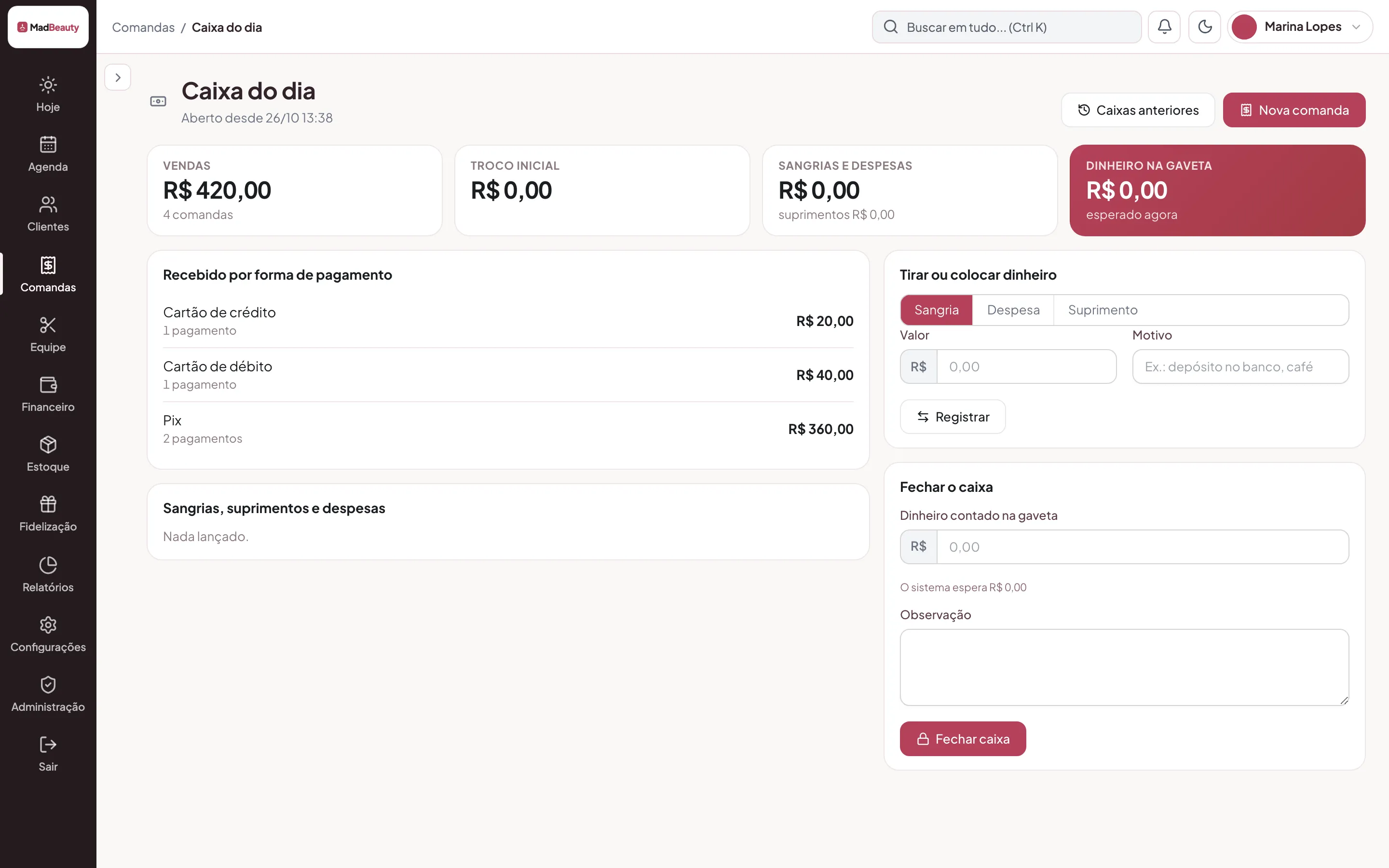 Caixa do dia com as vendas por forma de pagamento, sangria, suprimento e o fechamento conferido