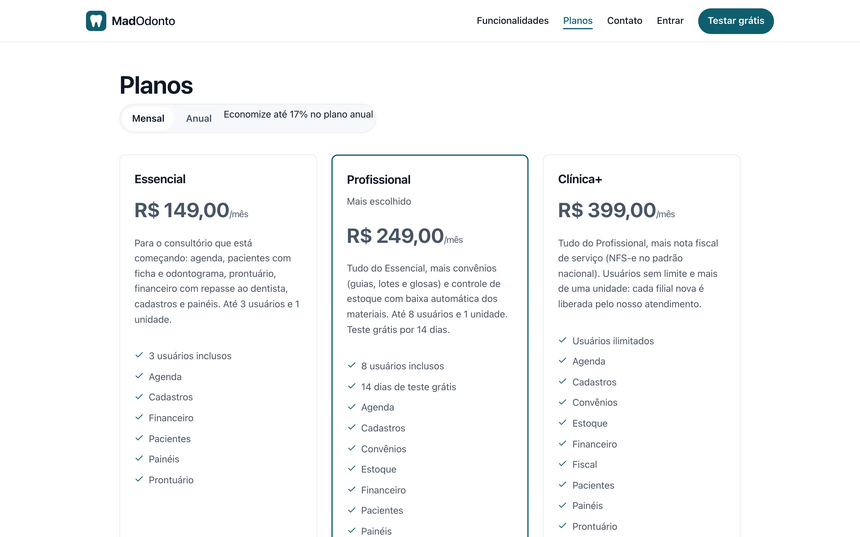 Sitio público del MadOdonto con los planes por módulo y la prueba gratis para la clínica nueva