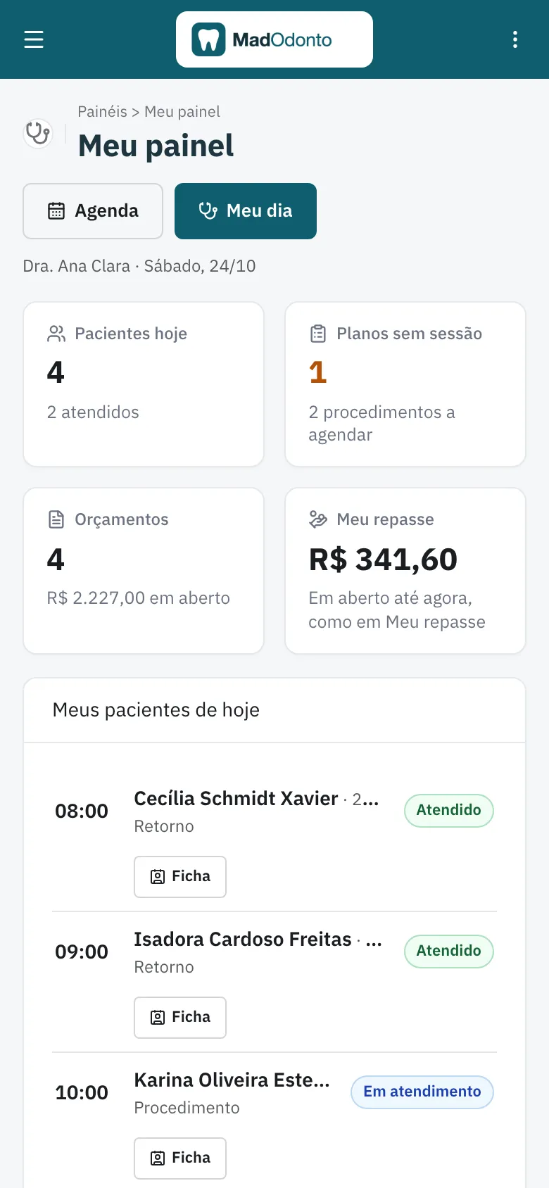 Mi panel del odontólogo en el celular: pacientes del día, presupuestos abiertos y liquidación