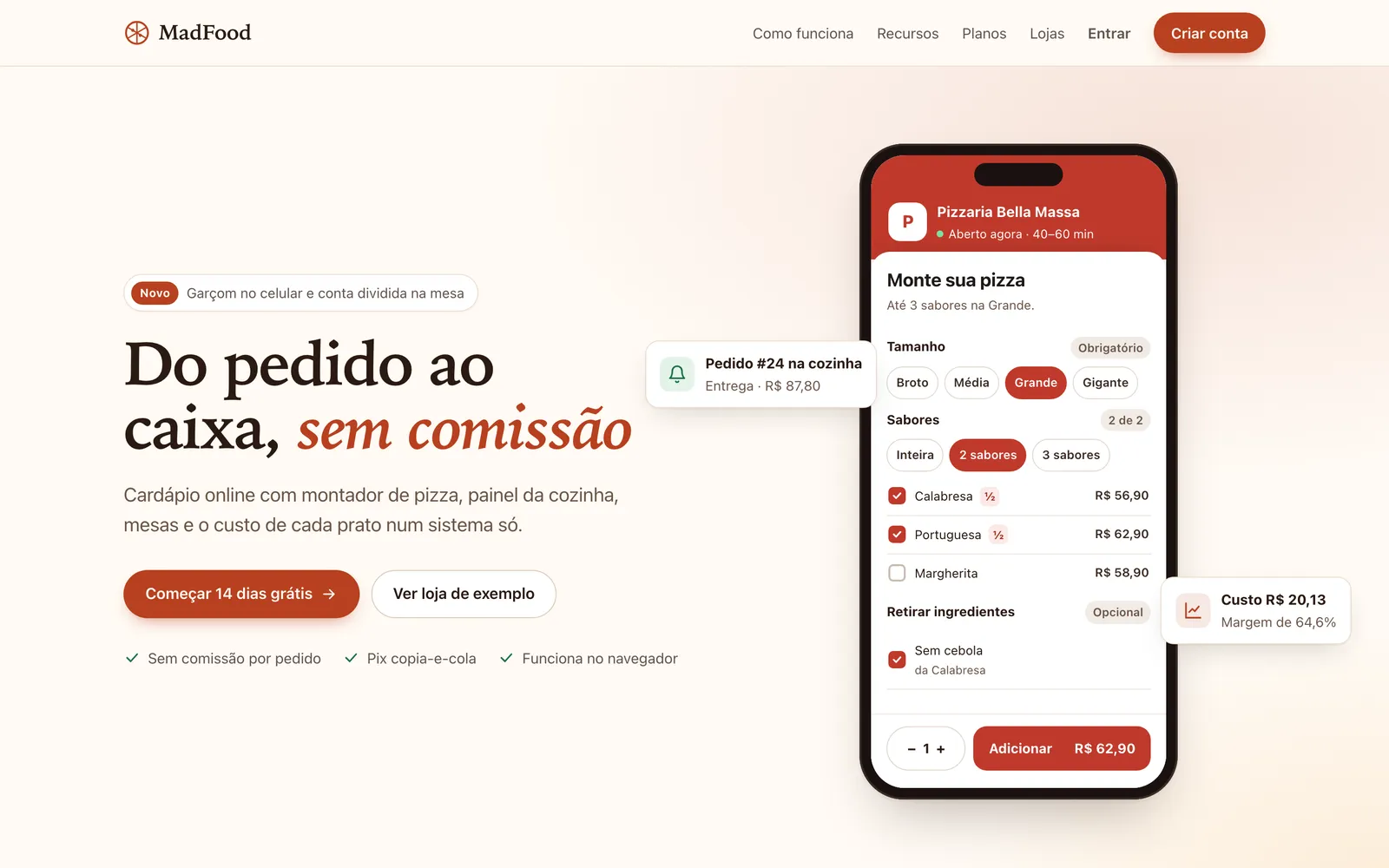 Página inicial do site de vendas do MadFood com o título Do pedido ao caixa, sem comissão e o celular com o montador de pizza