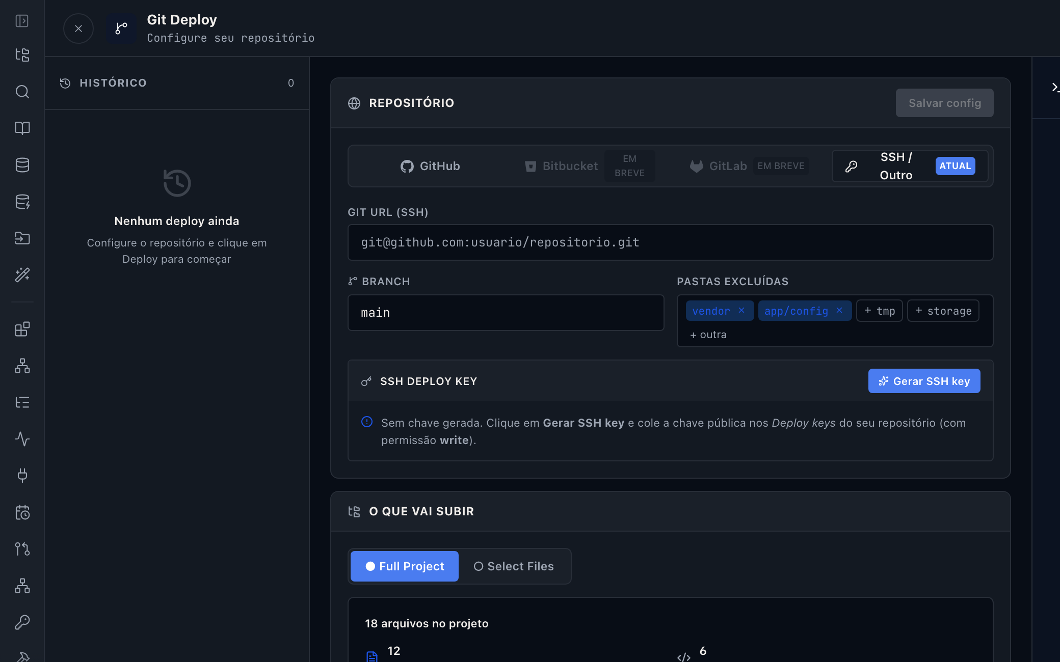 Git Deploy do projeto com GitHub, Bitbucket e GitLab, branch main e pastas excluídas