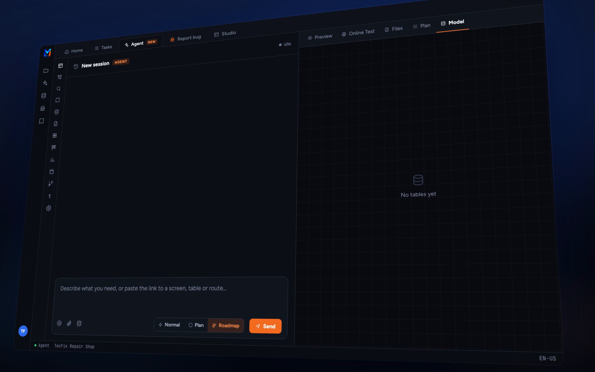 MadBuilder animation: someone asks the agent chat for a work-order system; the agent creates the tables and screens, tests the form in Online Test and fixes a criterion that failed; a field is dragged in the visual editor; and the system shows up ready, with a dashboard, kanban, a mobile version, and published on MadCloud.