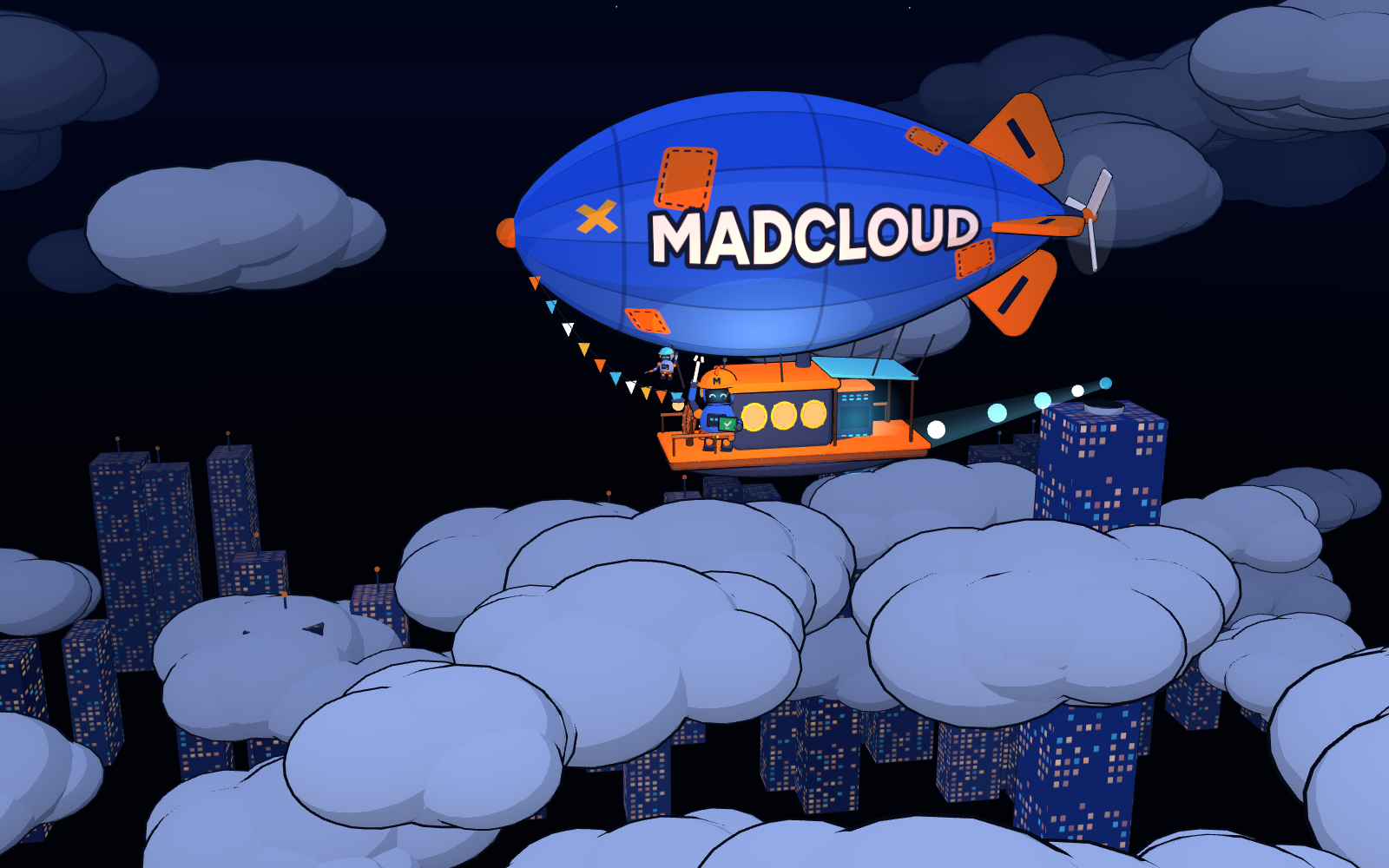 Dirigível MADCLOUD sobre o mar de nuvens, com o robô engenheiro acenando ao lado do rack de servidores e um feixe de luz levando o app até a cidade acesa lá embaixo