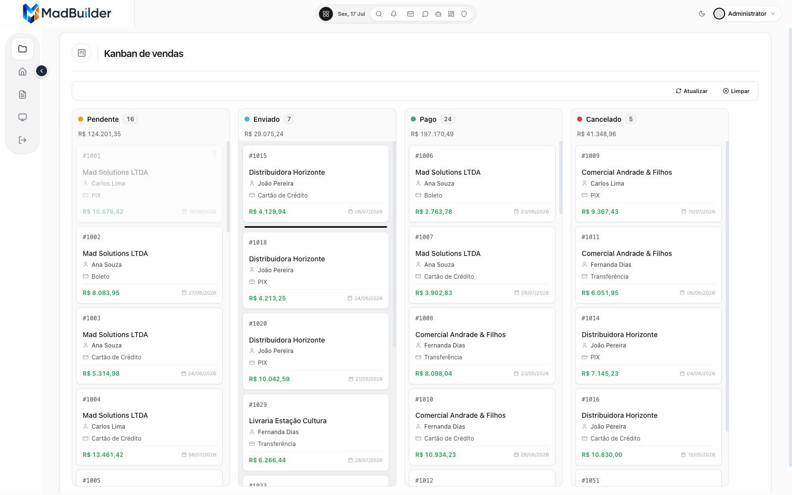 Kanban de vendas com as colunas Pendente, Enviado, Pago e Cancelado