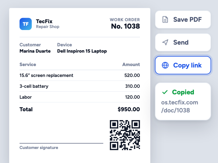 PDF of work order 1038 with the services, a total of R$ 950.00, the signature line and the QR code, next to the Download, Send and Copy link buttons
