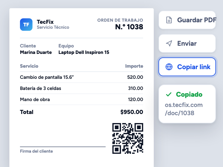 PDF de la orden de servicio 1038 con los servicios, el total de R$ 950,00, la línea de firma y el código QR, junto a los botones Descargar, Enviar y Copiar enlace