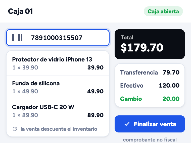 Punto de venta con tres accesorios en el carrito, total de R$ 179,70 pagado en Pix y efectivo, vuelto de R$ 20,00