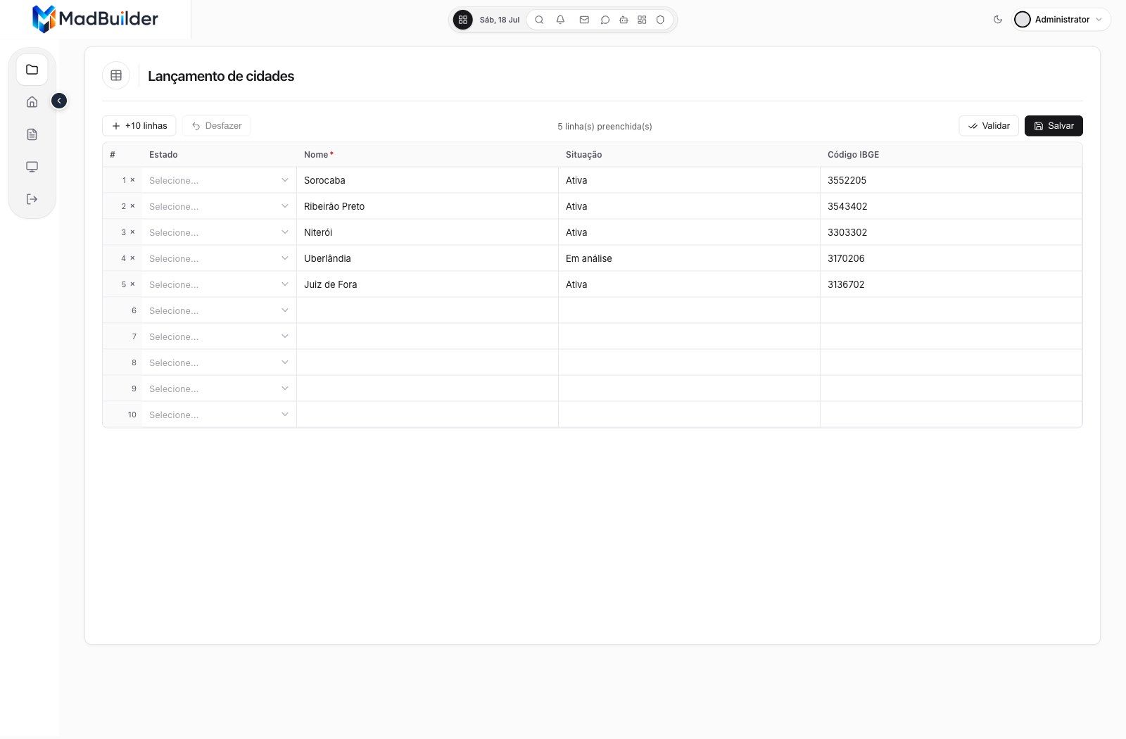 Planilha de lançamento gerada pelo MadBuilder