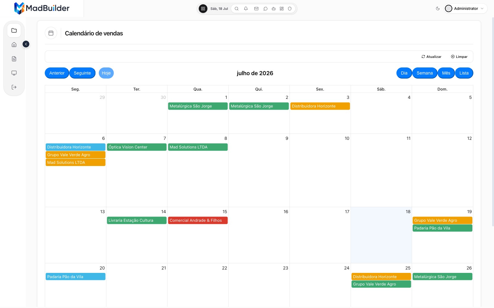 Calendário mensal com vendas coloridas por status