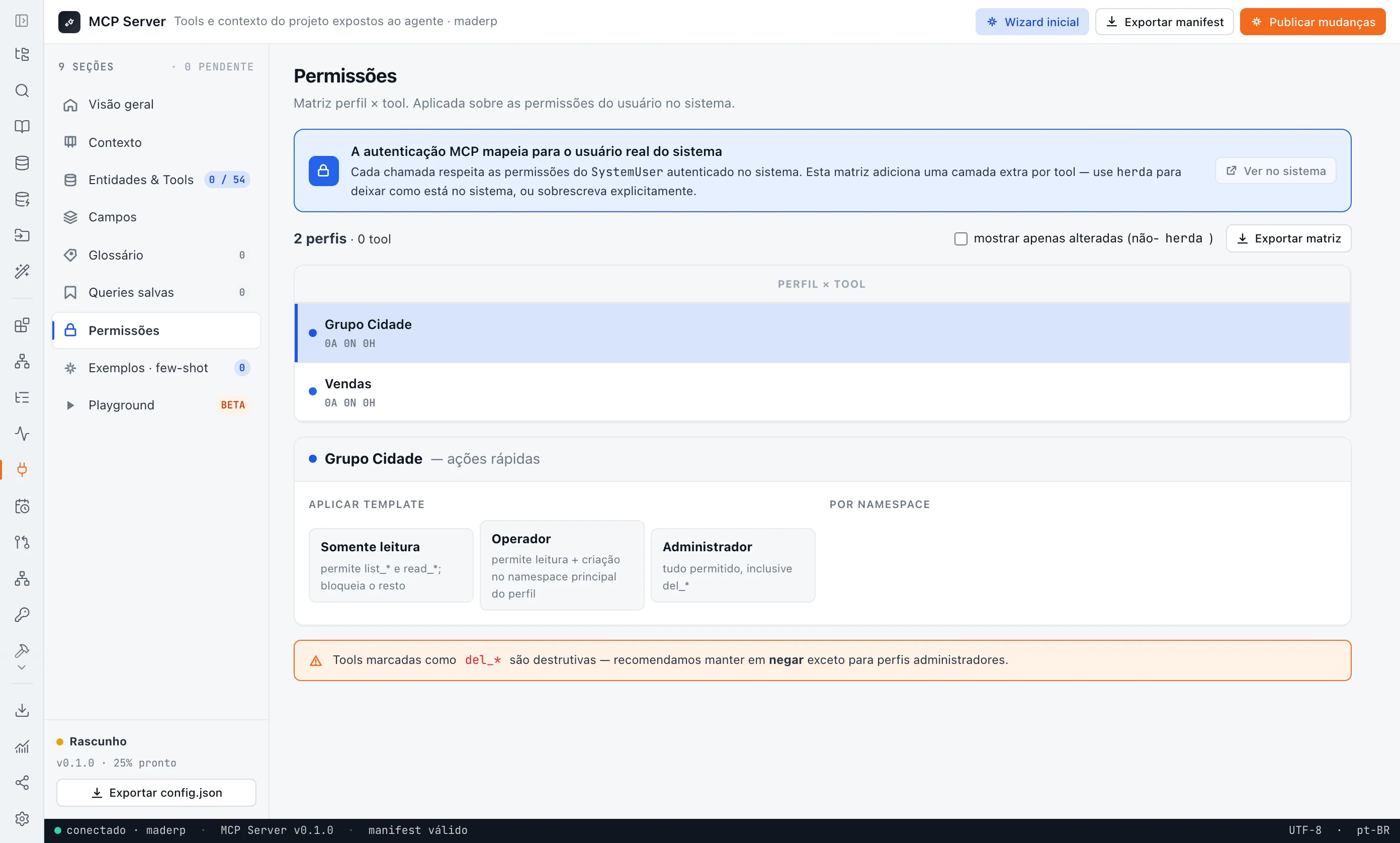 Tela Permissões do servidor MCP de um sistema gerado, com a matriz de perfis por ferramenta e modelos de acesso como somente leitura, operador e administrador