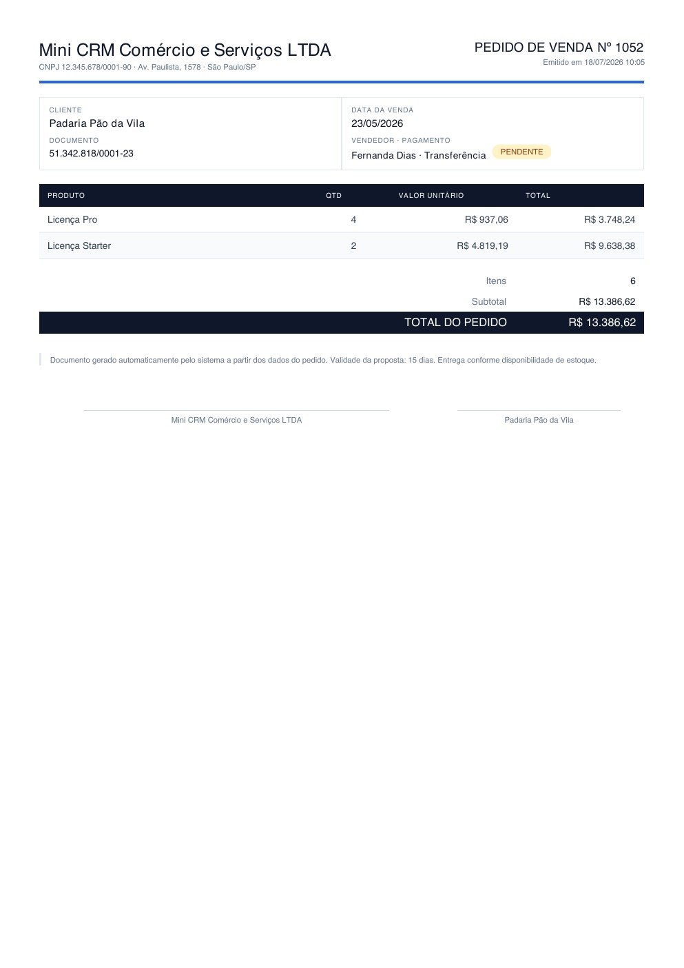 Pedido de venda nº 1052 em PDF, com dados do cliente, itens, total e linhas de assinatura