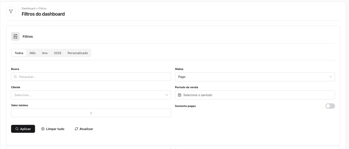 Filtros do dashboard num painel fixo em duas colunas