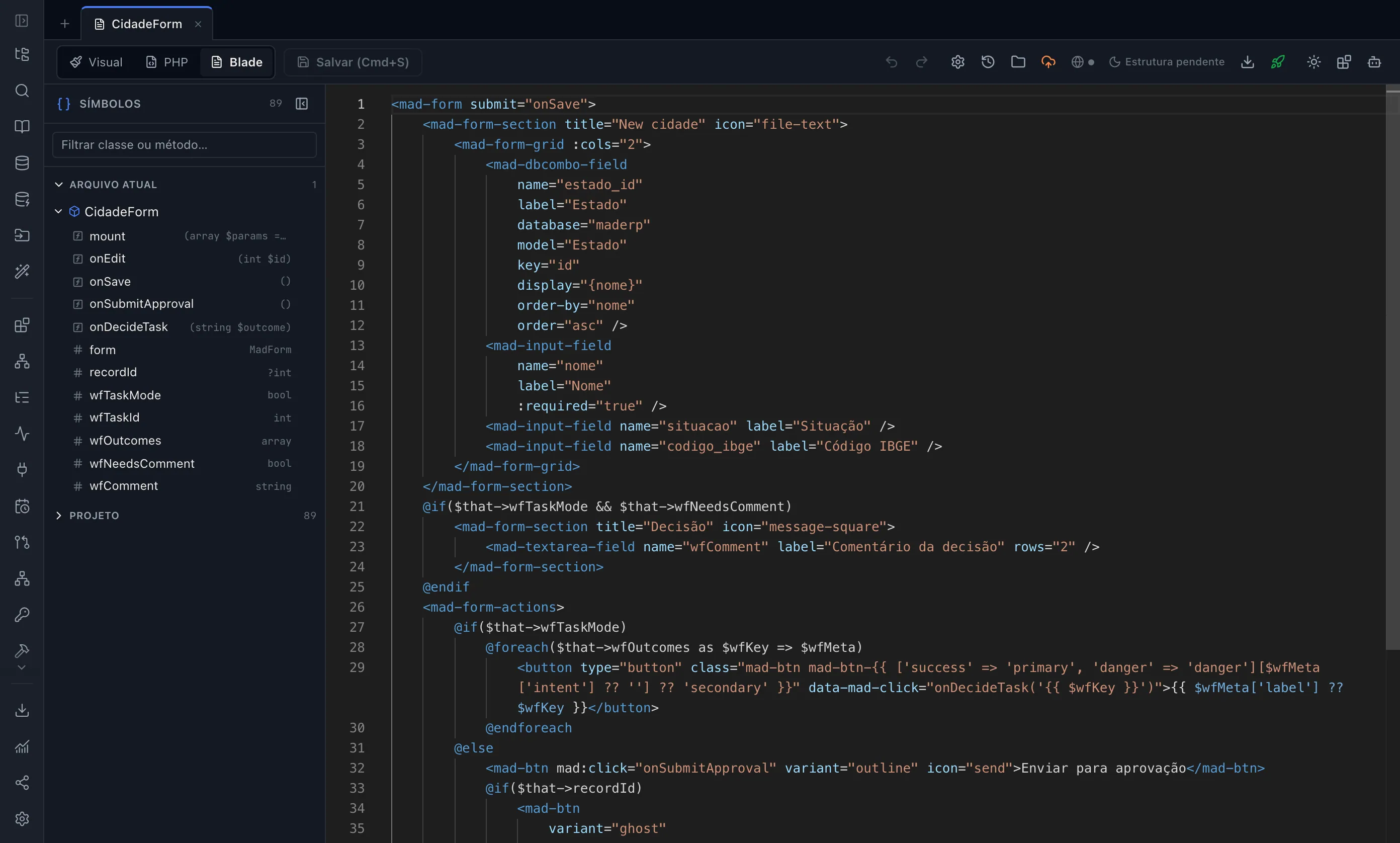 Aba Blade do editor do MadBuilder com um formulário nos componentes mad-form, mad-dbcombo-field e mad-input-field