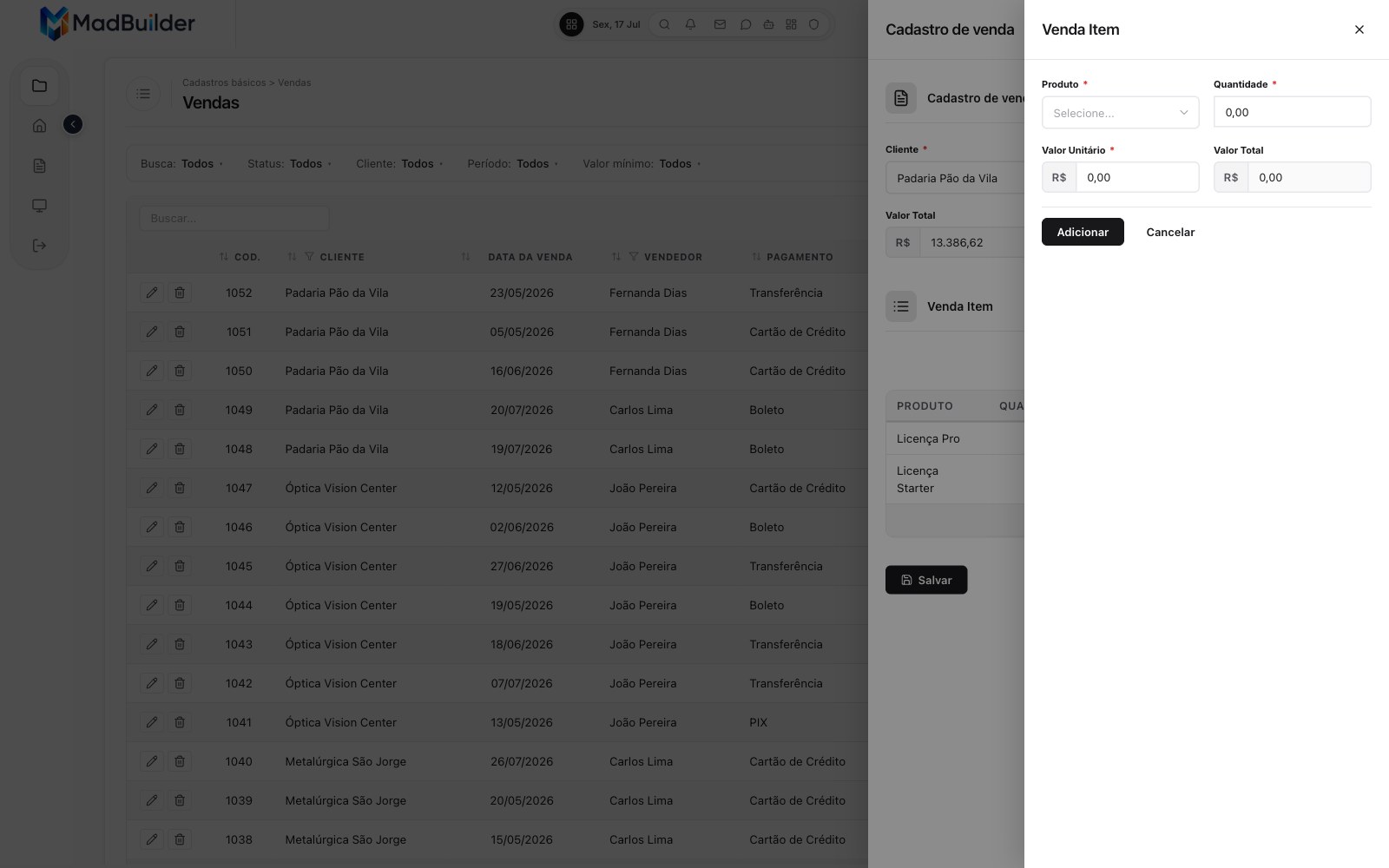 Painel do item da venda com produto, quantidade e valores