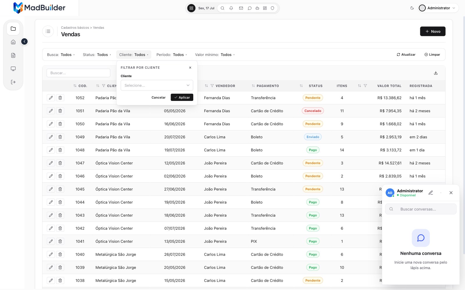 Customer filter open, with search in the customer list