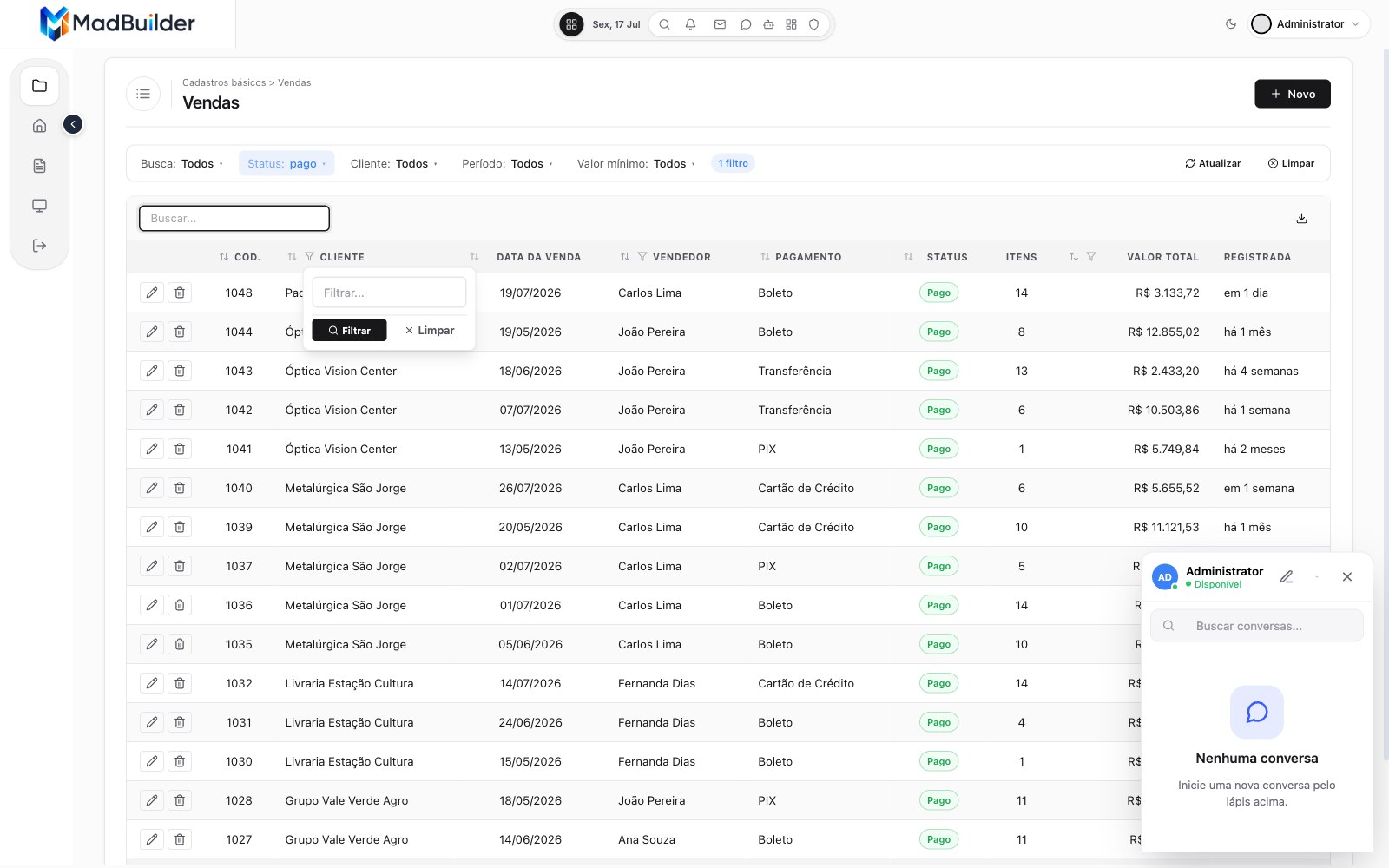 Filter open in the header of the Customer column