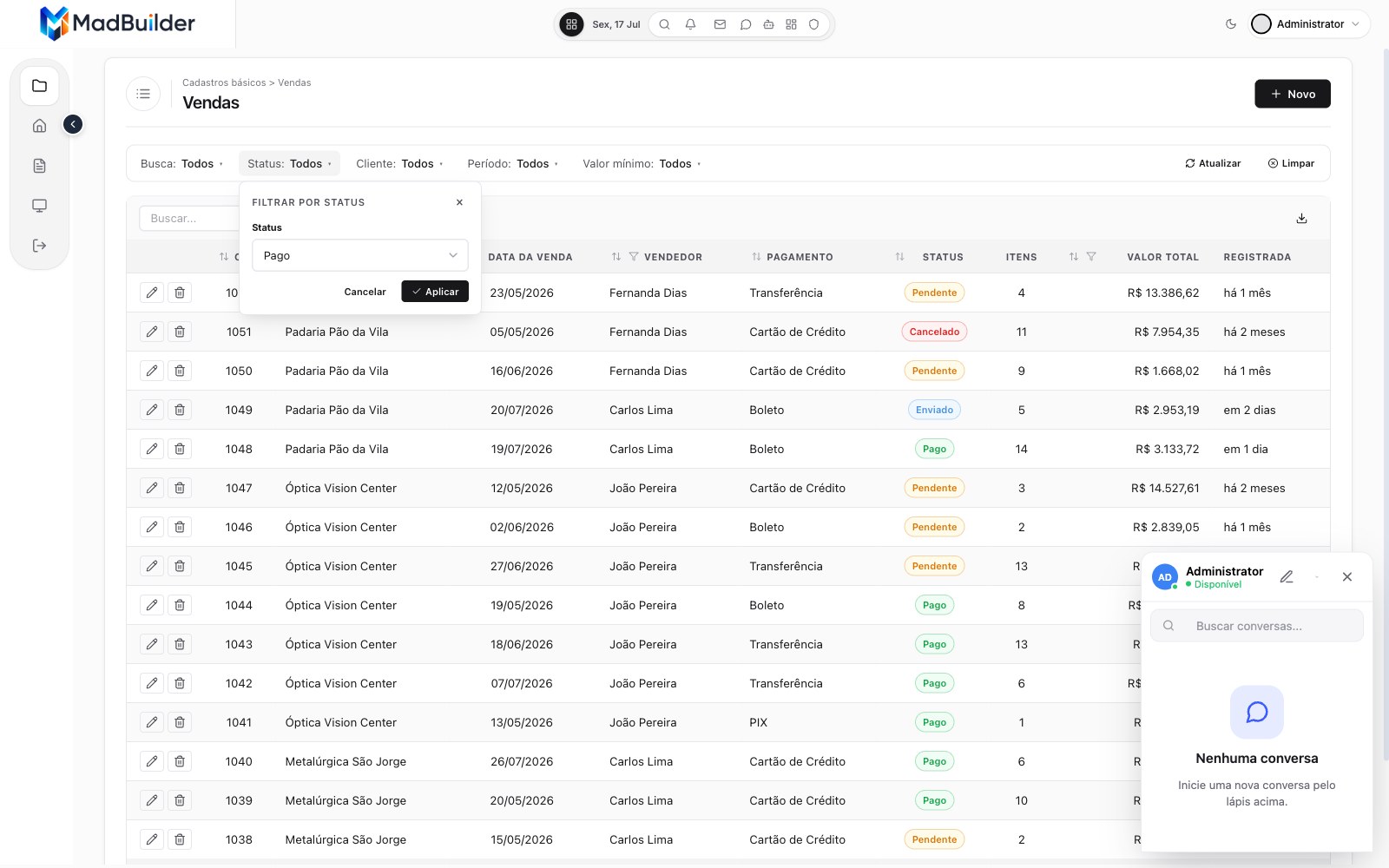 Status filter open, showing the list of options