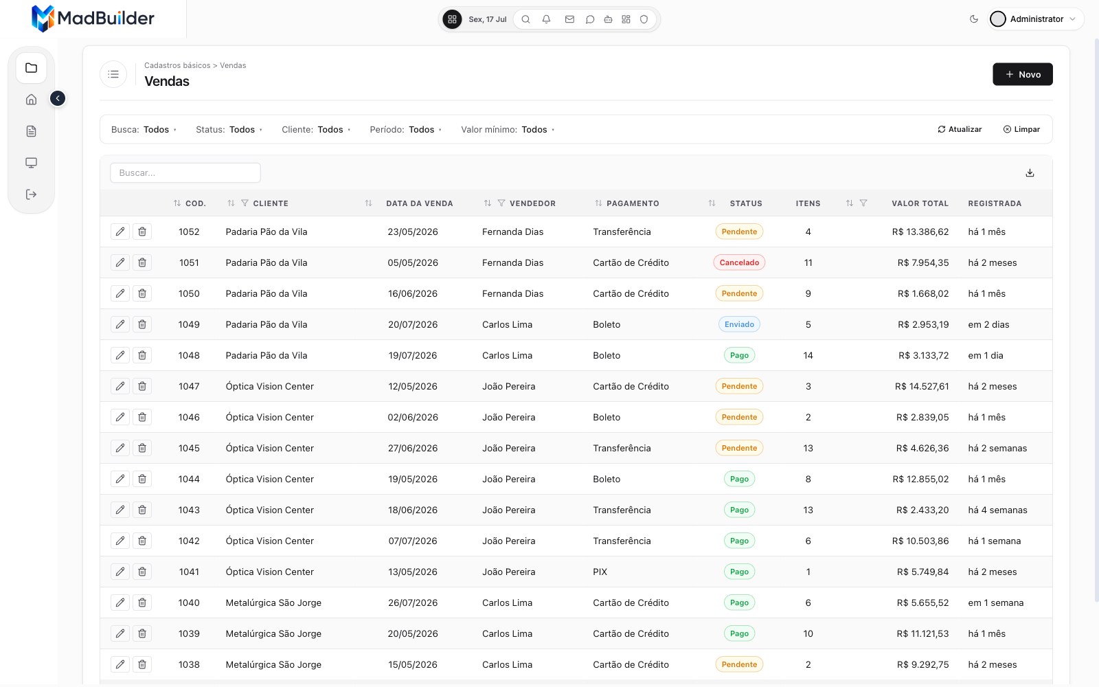Sales list view with colored statuses, formatted dates, amounts and totals