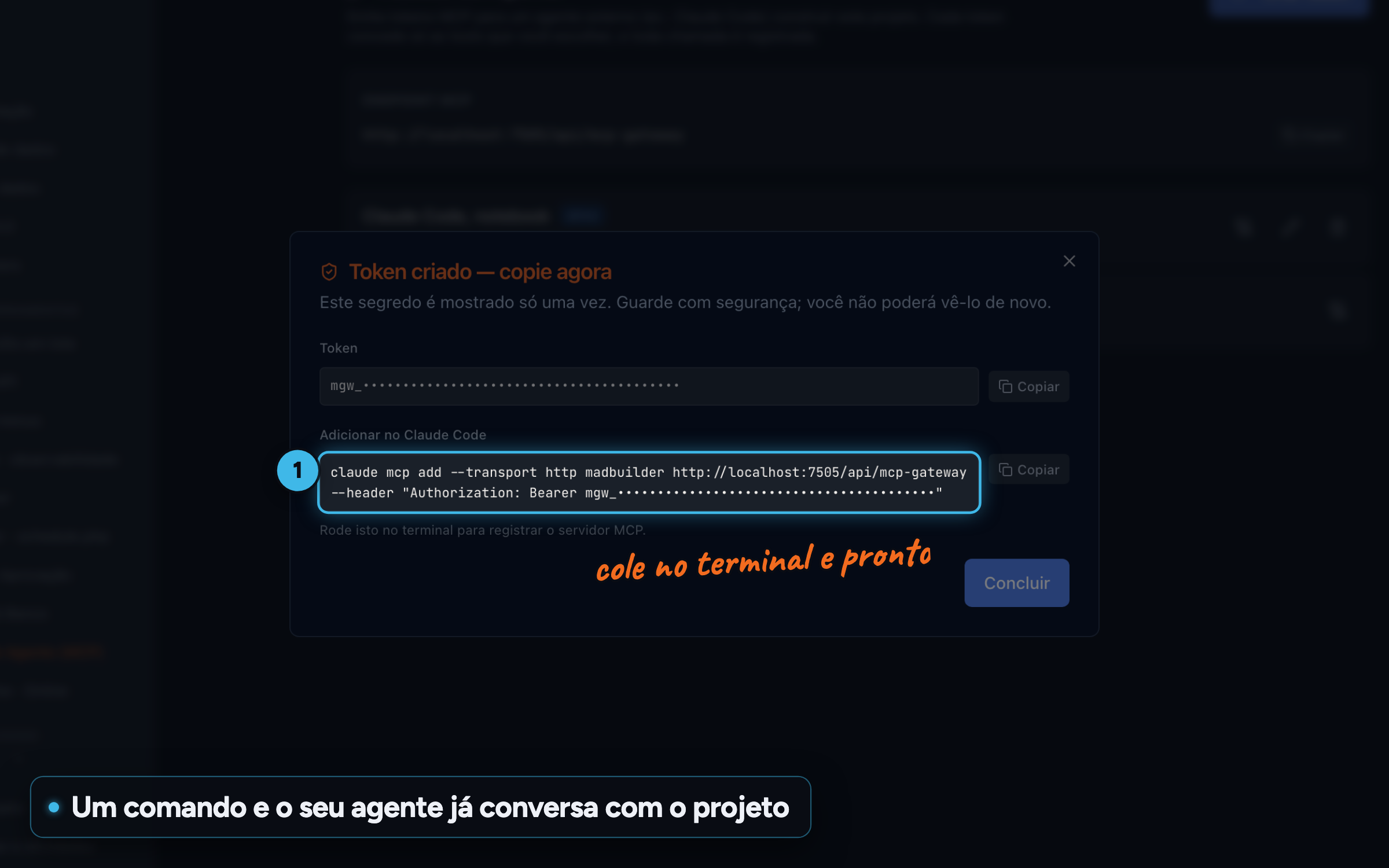 Modal Token criado do Acesso de Agente com o comando claude mcp add pronto para colar, token mascarado