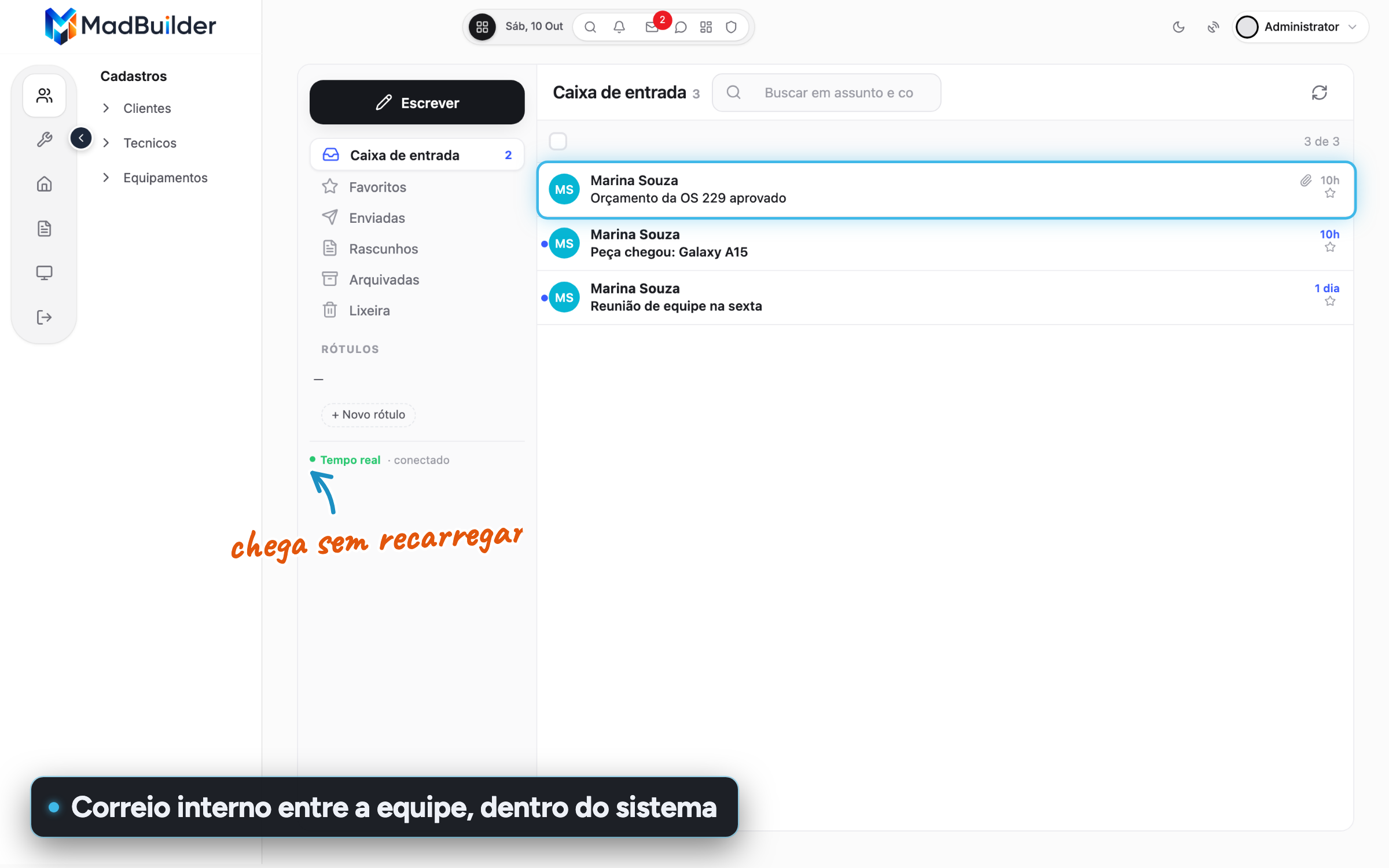 Caixa de entrada do correio interno com três mensagens, uma delas com anexo