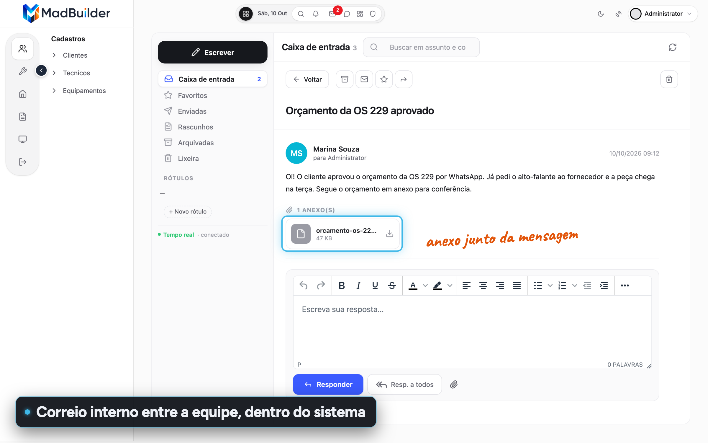Mensagem aberta no correio interno, com texto e um anexo em PDF